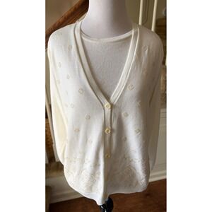 Alfred Dunner Petite L Cream White Gold Embroidered Cardigan Sweater Twin Set